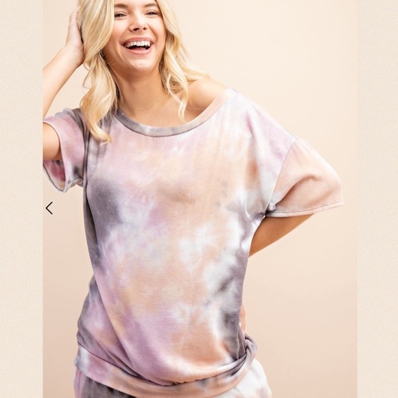 Grey/mauve Tie Dye Short Sleeve Tunic Top - Picture 1 of 14